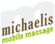 Logo mit Text: "michaelis mobile massage", in Braun und Grün gehalten.