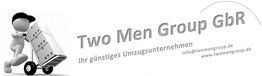 Strichmännchen mit Sackkarre; Text: Two Men Group GbR, Ihr günstiges Umzugsunternehmen.