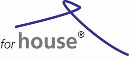 Logo mit geschwungener blauer Linie und Text "for house®" in Grau und Schwarz.