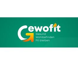 Grünes Logo mit „Gewofit“ und dem Slogan „Gesund Wohlbefinden Fit bleiben“ in Weiß und Orange.