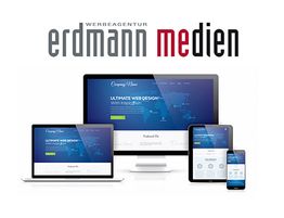 Bild mit Text "Werbeagentur Erdmann Medien" und Webdesign auf verschiedenen Geräten angezeigt.