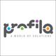 Logo "profila" con testo: "A World of Solutions", cerchi colorati sopra le lettere.
