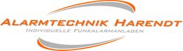 Logo von Alarmtechnik Harendt, Slogan: "Individuelle Funkalarmanlagen", orange und grau.
