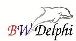 Logo mit rotem "B", blauem "W", schwarzem "Delphi" und grauem Delfin im Hintergrund.
