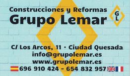 Tarjeta de visita Grupo Lemar con contacto y dirección en Ciudad Quesada. Iconos de banderas.