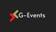 Logo "G-Events" sur fond noir, avec flèches rouge et beige.