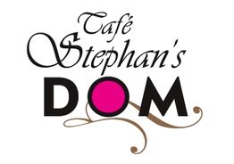 Logo mit Text "Café Stephan's Dom", schwarzer Schrift und rosa Punkt im Buchstaben "O".
