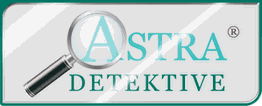 Logo mit Lupe und Schriftzug "Astra Detektive" auf silbernem Hintergrund.