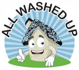 Cartoon house with a smiling face and soap bubbles, text reads "All Washed Up."
