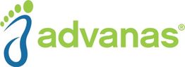 Logo with a blue foot symbol and green text saying "advanas."