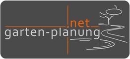 Logo: "garten-planung.net" in Grau und Orange mit stilisiertem Baum und Weg.