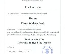 Urkunde Fachberater für Internationales Steuerrecht