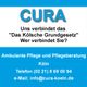 CURA Werbetafel mit Text über Kölner Grundgesetz und Kontaktinfos für Pflegeberatung in Köln.