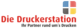 Logo der Druckerstation mit Slogan: "Ihr Partner rund um's Drucken" und farbigem Rasterquadrat.
