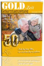 Zeitschrift mit älterem Paar, Aufschrift "Gold-Zeit" und "50 Hochzeit", herbstlicher Hintergrund.