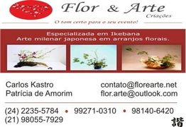 Propaganda de Flor & Arte, especializados em Ikebana, com contatos e imagens de arranjos florais.
