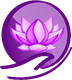 Fiore di loto viola stilizzato su sfondo circolare viola.
