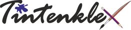 Logo mit Schriftzug "Tintenklex" und Malerutensilien: Klecks, Pinsel, Stift.