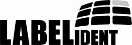 Schwarz-weißes Logo von "Label Ident" mit stilisiertem Etikett-Design auf der rechten Seite.
