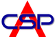 Logo mit blauer Schrift "CSP" vor einem roten Dreieck.
