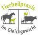 Illustration einer Balancewaage mit verschiedenen Tieren. Text: "Tierheilpraxis Im Gleichgewicht".