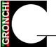 Logo con scritta "GRONCHI" su linee verticali tricolori e forma geometrica in bianco e nero.