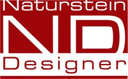 Logo mit rotem Hintergrund: "Naturstein Designer" in weißer Schrift.