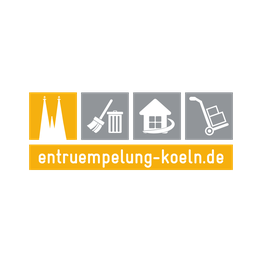 Logo mit Kölner Dom, Besen, Haus, Sackkarre und der URL "entruempelung-koeln.de".