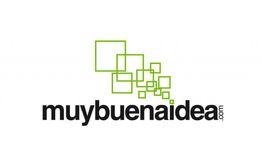 Logo de muybuenaidea.com con cuadros verdes en creciente tamaño sobre el texto en negro.