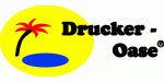 Gelbes Logo mit Palme und blauem Teich, Text: "Drucker - Oase®".