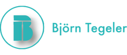 Logo mit stilisiertem Buchstaben "B". Text: "Björn Tegeler" in türkis und schwarz.