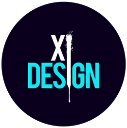 Logo mit schwarzem Hintergrund, text "XI DESIGN" in Blau und Weiß, stilisierter Pinsel.