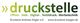 Druckerei-Logo mit Schriftzug: "druckstelle" und Infos zu Druckarten und Webseite.