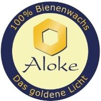 Aloke-Logo mit Hexagon, Text: "100% Bienenwachs, Das goldene Licht."