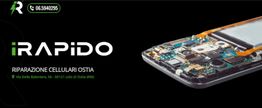 Banner di un centro riparazioni cellulari "iRapido" a Ostia, con immagine di un telefono aperto.