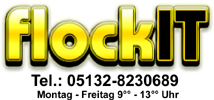 Schriftzug "flockIT" in gelb mit 3D-Effekt auf schwarzem Hintergrund.