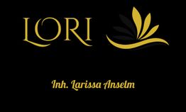 Schwarzes Logo mit goldenem Text "LORI", Blattmotiv und "Inh. Larissa Anselm" darunter.