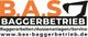 Logo von B.A.S Baggerbetrieb mit Text: Baggerarbeiten/Aussenanlagen/Service, Webseite angegeben.