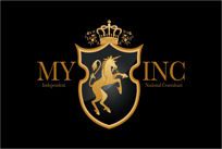 Ein goldener Schild mit einem Löwen und Krone, Text "MY INC" in gold auf schwarzem Hintergrund.