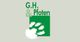 Grünes Logo mit Text "G.H. & Pfoten" und einem Pfotenabdruck auf einem Quadrat.