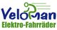 Logo "Veloman Elektro-Fahrräder" mit Radfahrer-Symbol stilisiert in Grün und Blau.