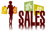 Silhouette einer Frau mit Einkaufstaschen, Schilder mit "-30%" und "-40%" Rabatten, "Sales"-Text.