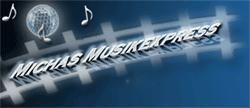 Blauer Hintergrund mit Schriftzug „MICHAS MUSIKEXPRESS“, Noten und einer Discokugel.