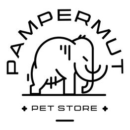 Logotipo en blanco y negro de "Pampermut Pet Store" con mamut estilizado en el centro.