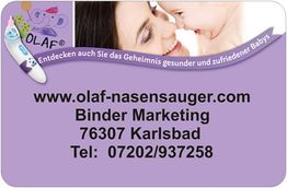 OLAF Nasensauger-Werbung: Mutter mit Baby, Website und Kontaktdaten auf lila Hintergrund.