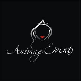 Silbernes Logo mit stilisiertem Gesicht und roten Lippen, Text "Animag Events" unten.