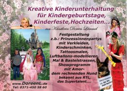 Kreative Kinderunterhaltung für Feste: Prinzessinnen, Schminken, Tattoos, Luftballons, Show.