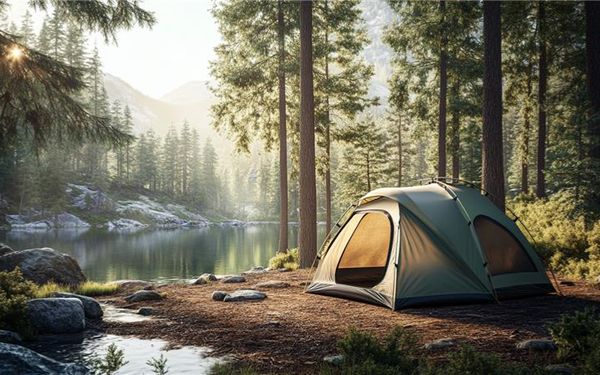 Ein Zelt steht in einem Wald an einem See, im Hintergrund sind ein paar Berge zu sehen. Die Sonne taucht das Bild in eine warme morgendliche Szene.