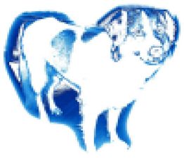 Blau-weiße Zeichnung eines stilisierten Hundes mit aufmerksamem Ausdruck.