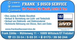Visitenkarte von Frank's Disco Service mit Kontaktinfo, Dienstleistungen und Partnerlogos.
